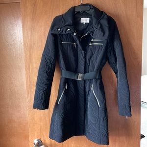 Laundry black quilted jacket/trench, knee length, silver zipper pocket accents